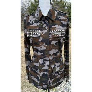Boston Proper Silver Studded Camo Denim Jacket Womens XS Beaded Coat Tactical